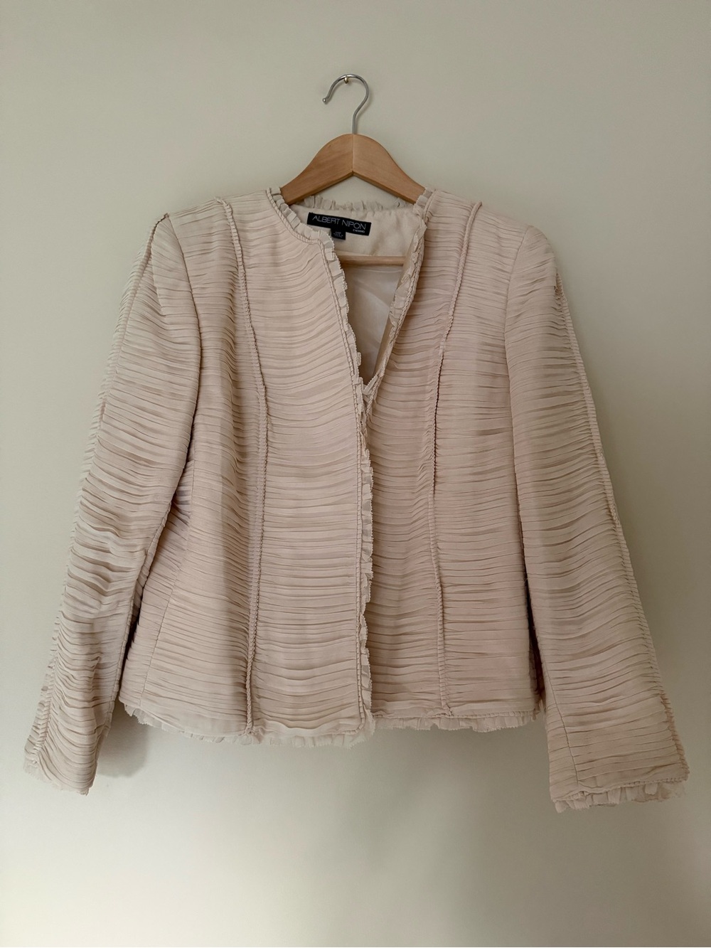 Albert Nipon 100% Silk Pleated Chiffon Blazer Evening Ivory 14P